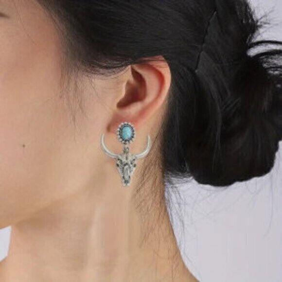 Silver Bullhead  Turquoise Flower Silver Plated Horn Drop Earrings - Picture 1 of 3